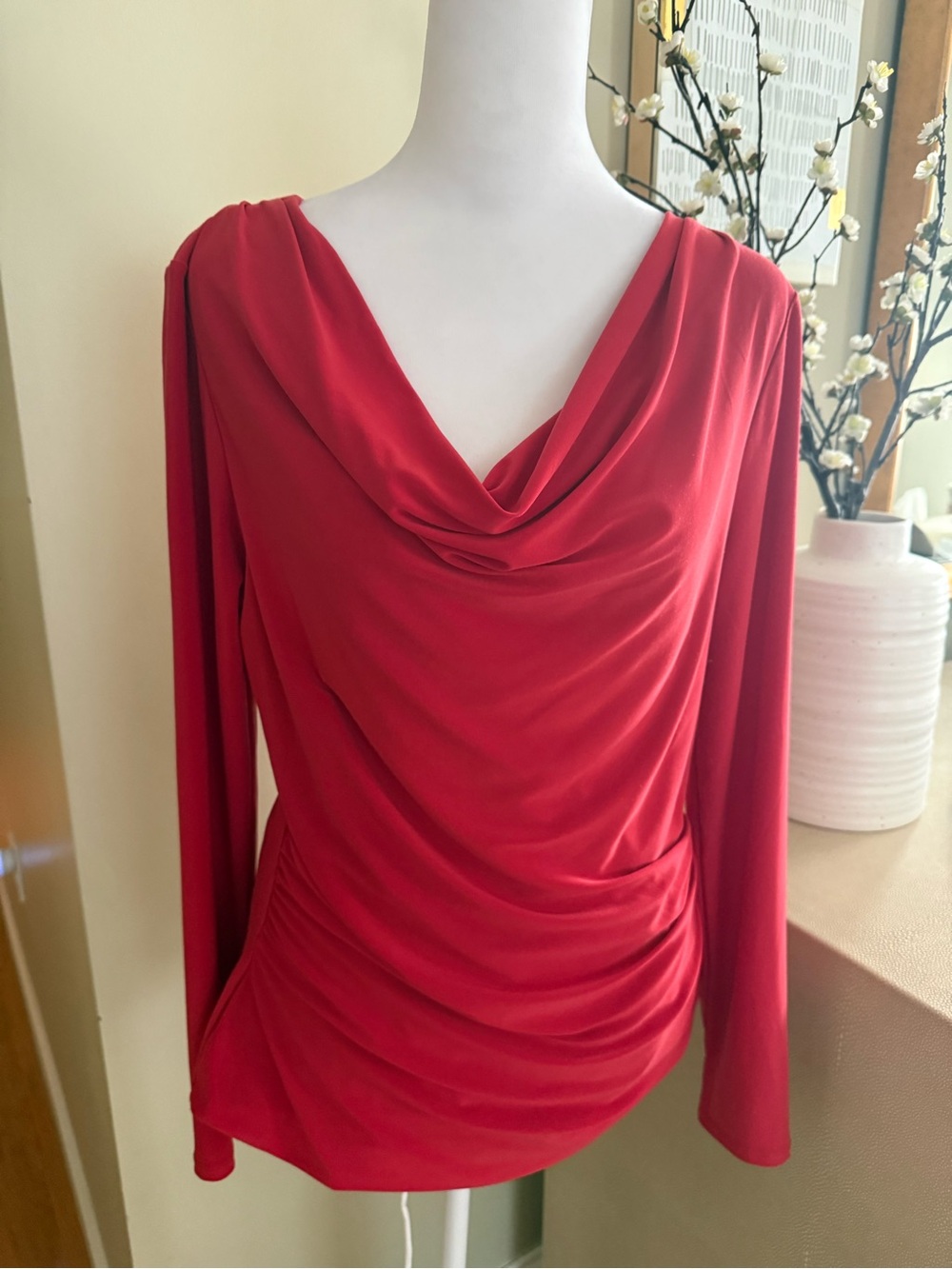 White House Black Market Red Draped Cowl-Neck Long Sleeve Top